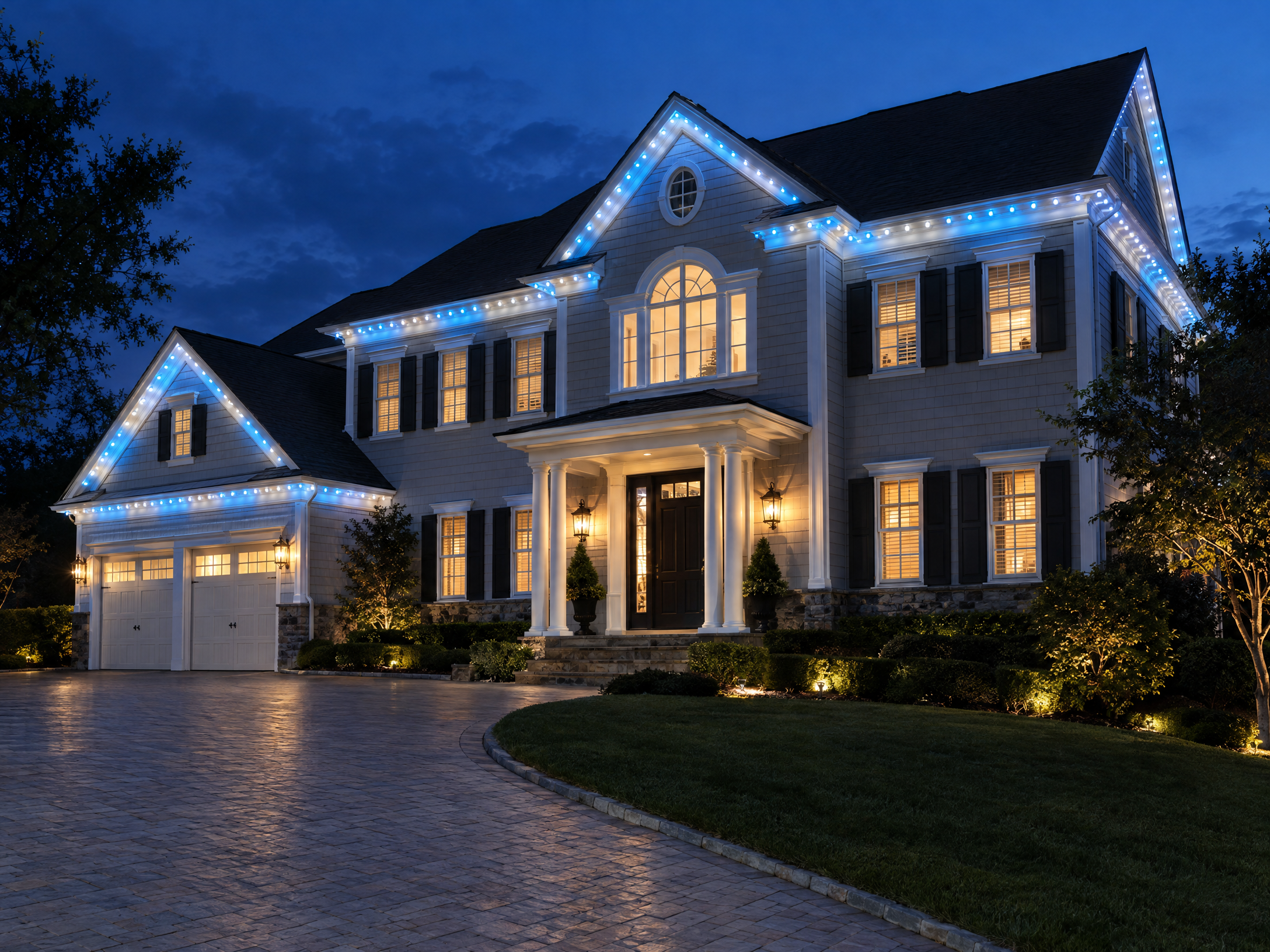 Roofline lighting installed on a two-story home